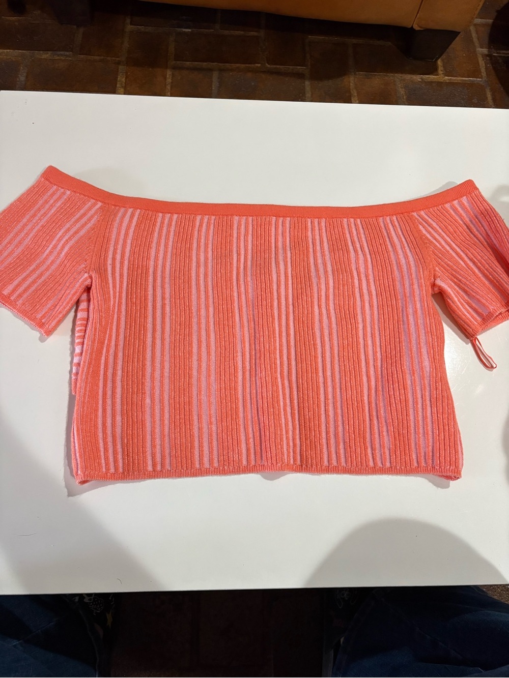 Aerie Off-Shoulder Ribbed Stripe Sweater Top - Coral Pink